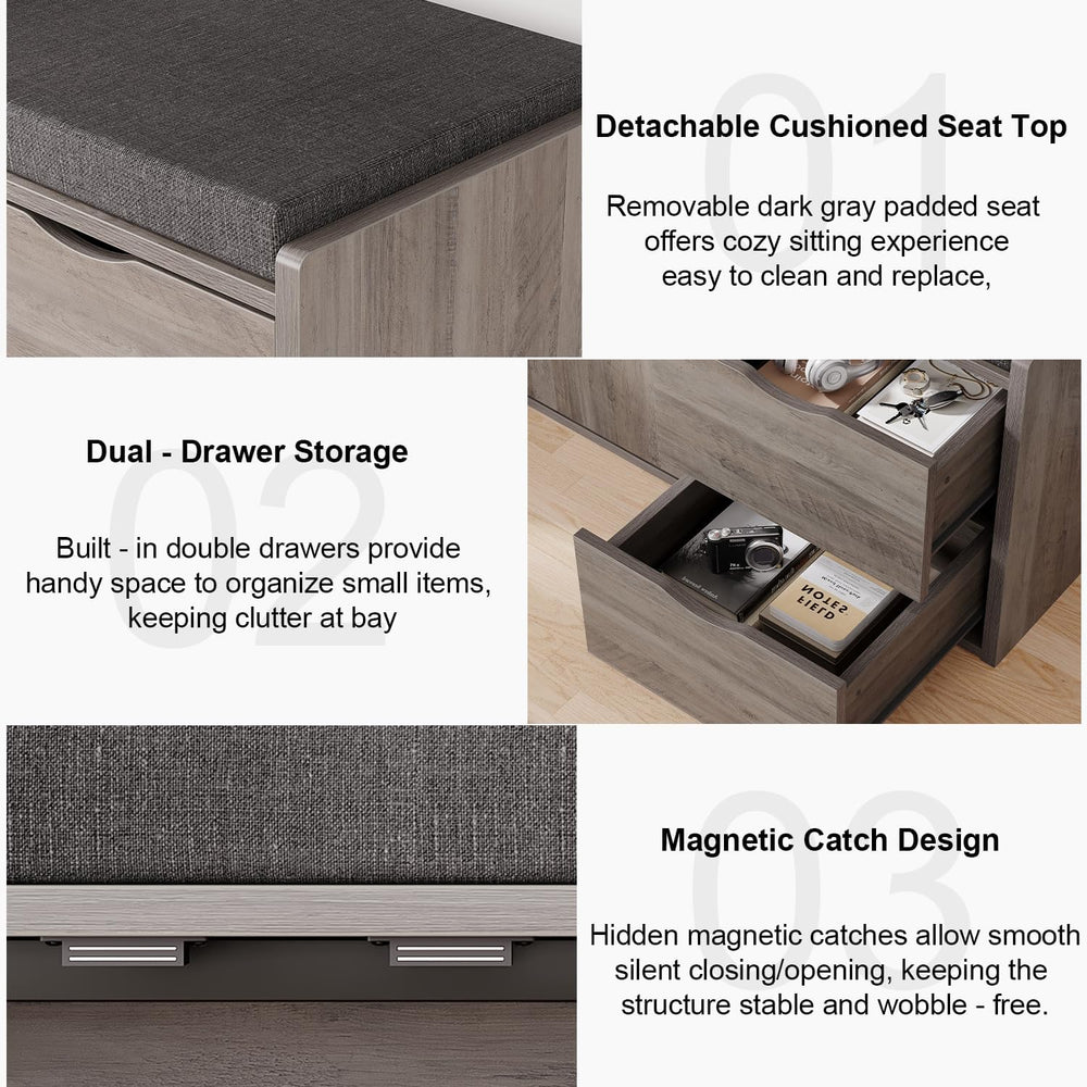 LVB 2-Tier Storage Bench with Padded Cushion, Entryway Shoe Bench with 2 Draw...