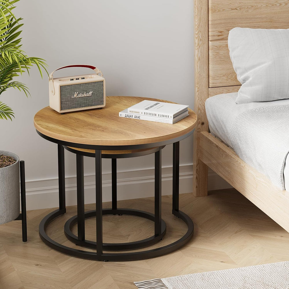 Smuxee Nesting Coffee Table Set of 2, 23.6" Round Coffee Table Brown Woo...