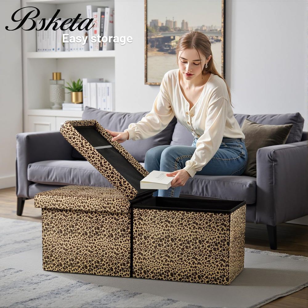 Bsketa Storage Ottoman Bench, 34" Folding Velvet Foot Rest,Leopard Print...
