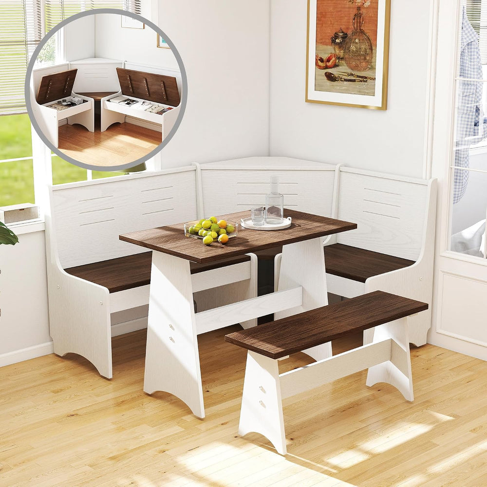Breakfast Nook Set 3-4 Seat L-Shaped with Hidden Storage - Space Saving Corne...