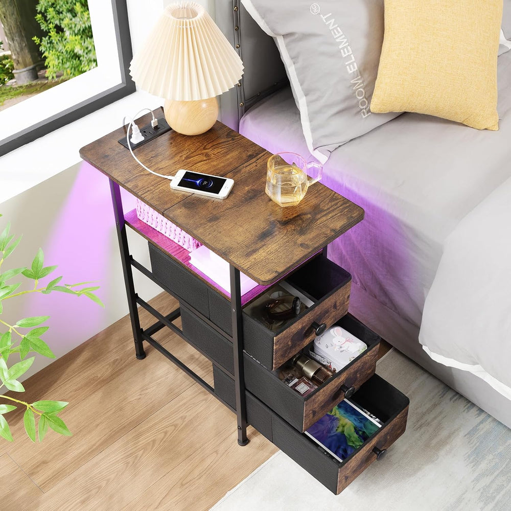 AMHANCIBLE Narrow End Table Living Room with Charging Station, Slim LED Night...