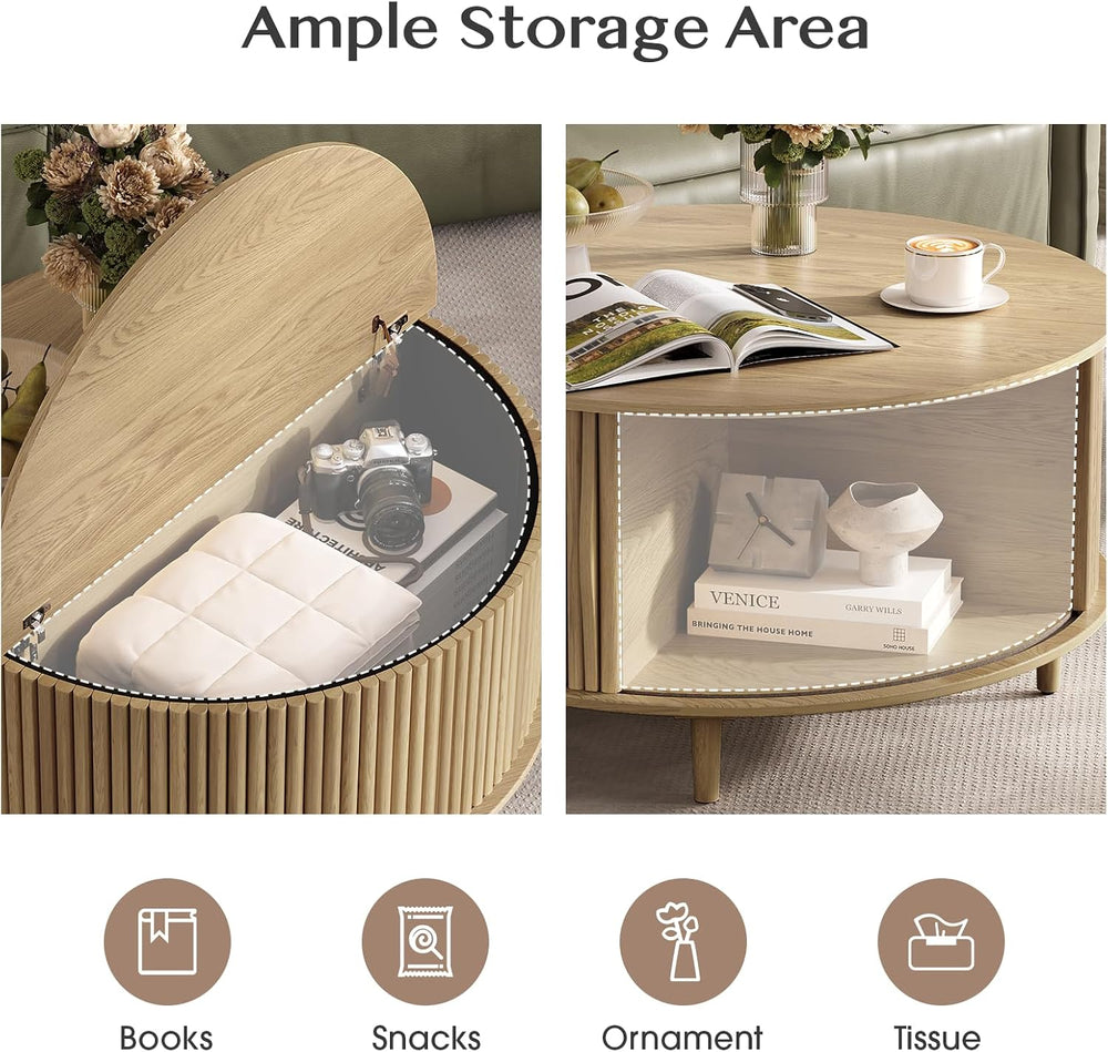 JOINICE 31.5" Round Coffee Table with Storage for Living Room, Natural Oak