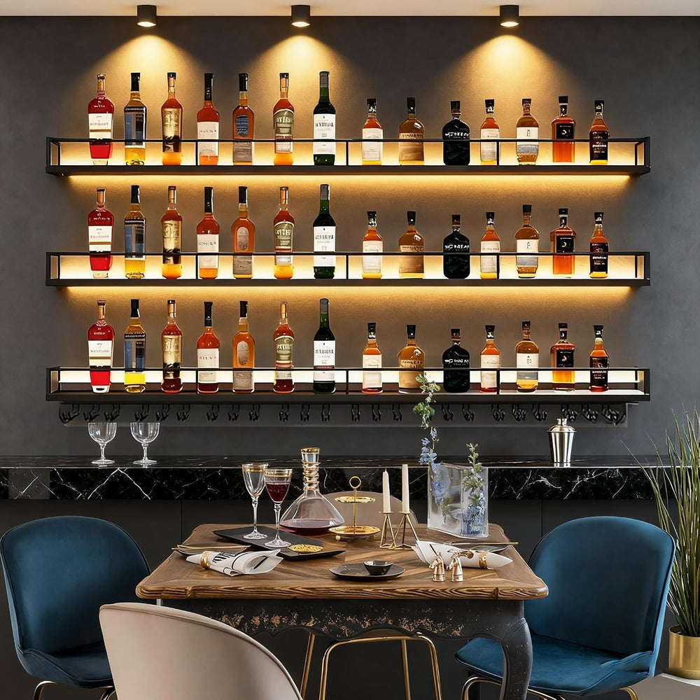 Metal Wall Mounted Wine Rack with LED Light, 3 Tiers Liquor Bottles Floating ...