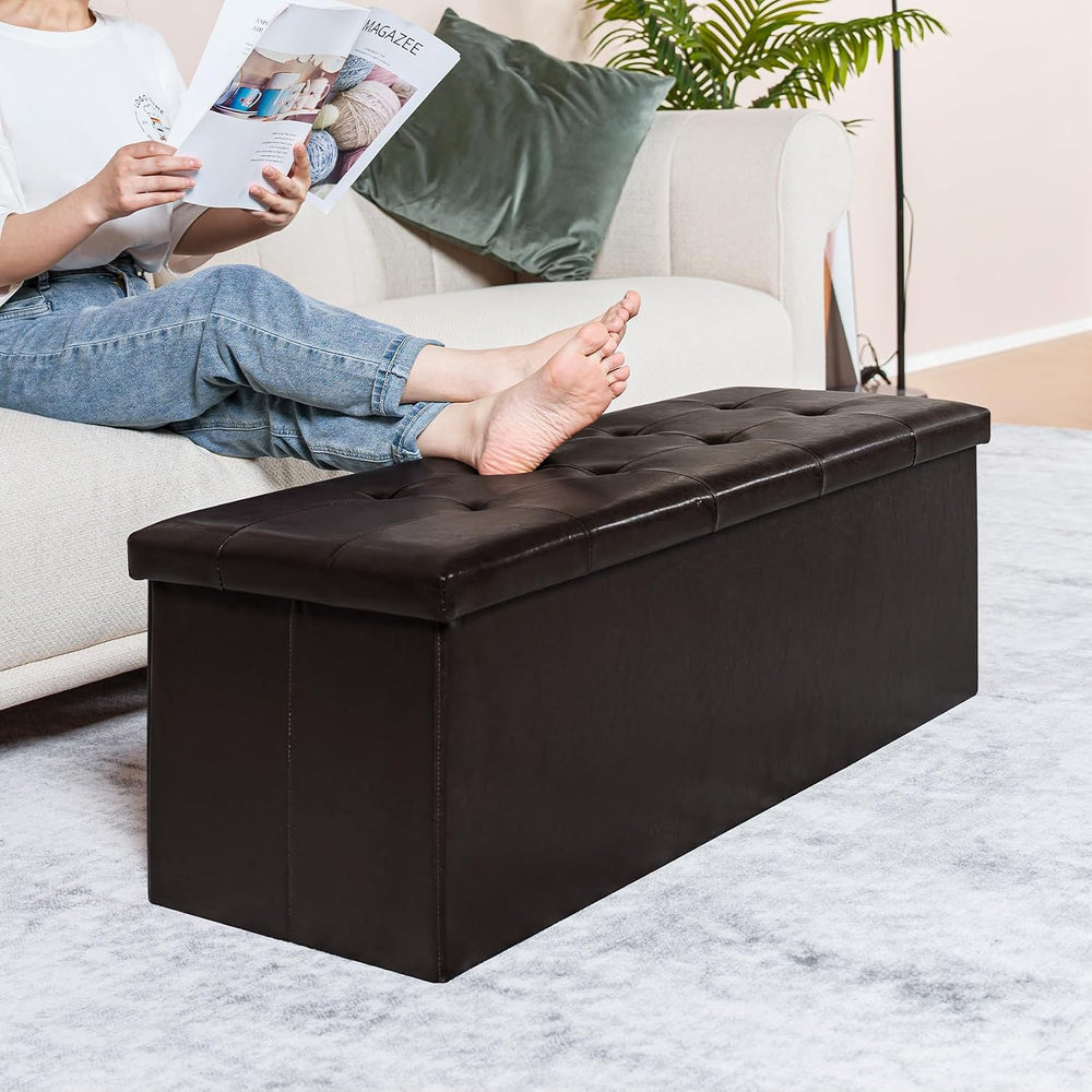 PINPLUS Folding Storage Ottoman Bench, Brown Faux Leather | Storage Chest wit...