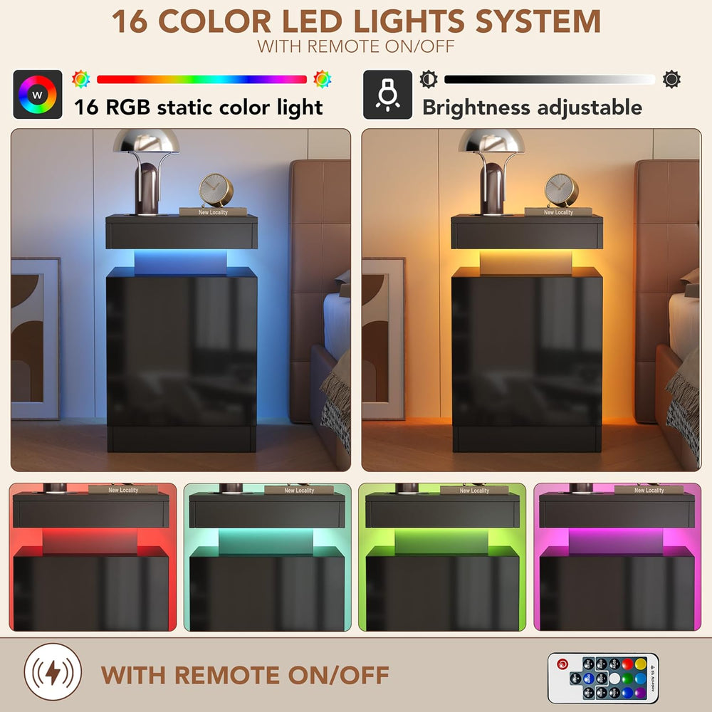Nightstands Set 2, 15 Inches LED Night Stand Set of 2, Modern Bedside Table w...
