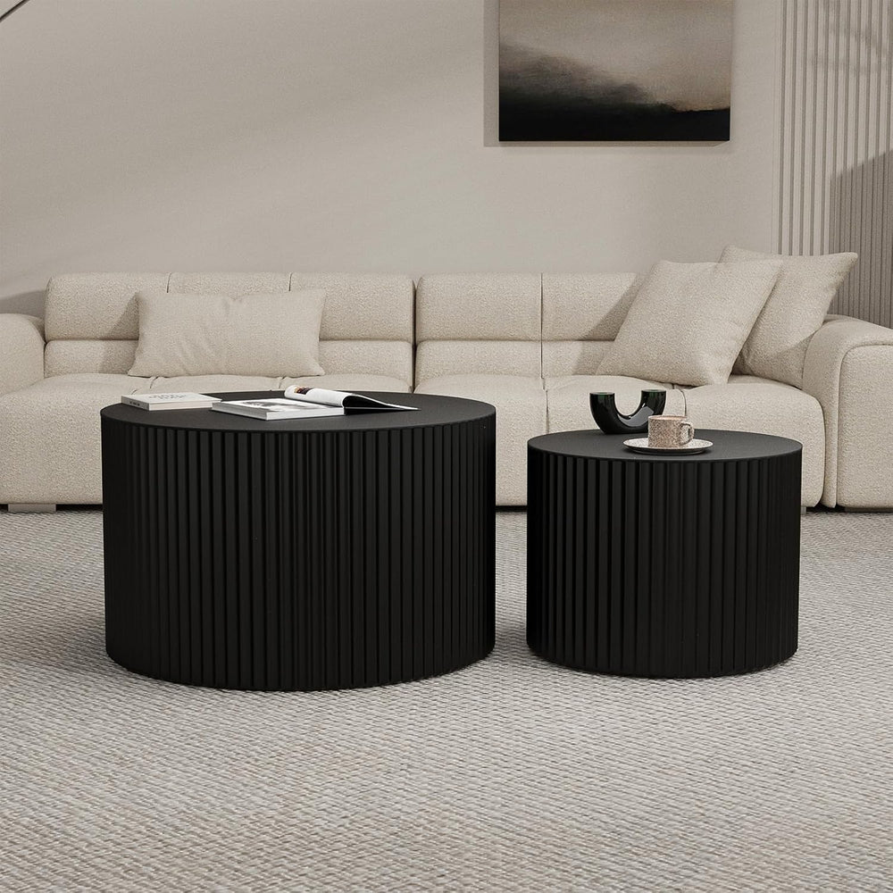 Round Wood Coffee Table Set of 2 Modern Round Fluted Nesting Coffee Tables Ha...