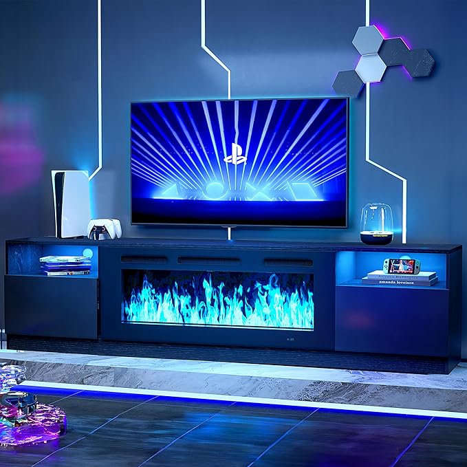 oneinmil 90” TV Stand with 50” Electric Fireplace, Large Modern Media Enterta...