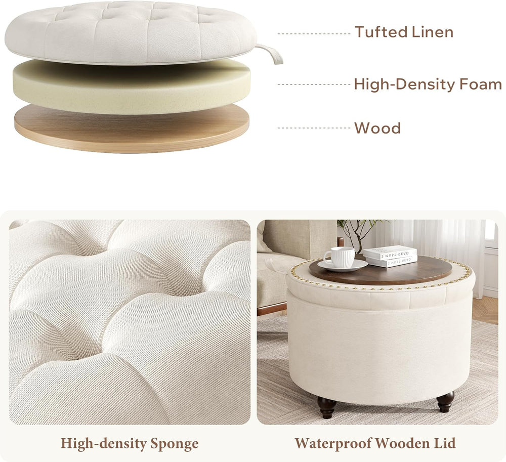 24 Inch Round Storage Ottoman,Modern Tufted Ottomans,Circular Coffee Table wi...
