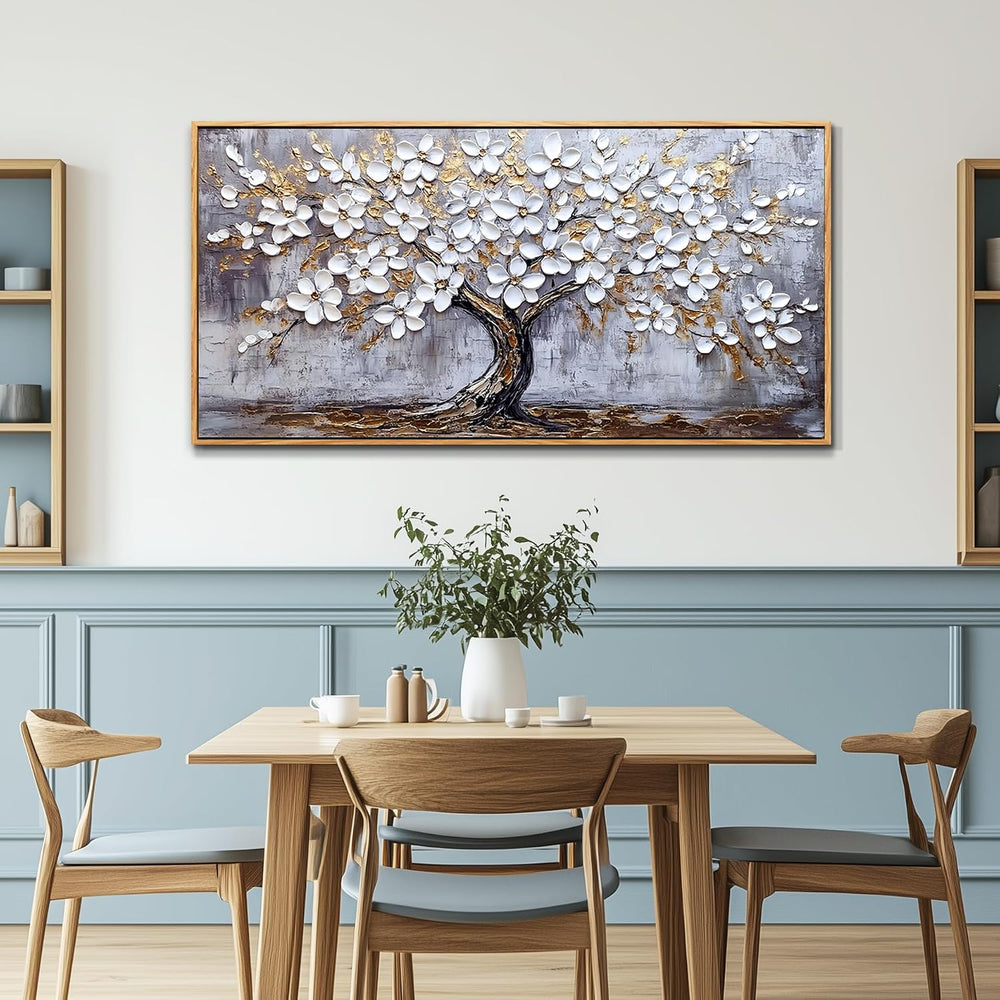 DZRWUBHS Tree of Life Wall Art, Large Wall Art, Framed Wall Decor, White Gold...