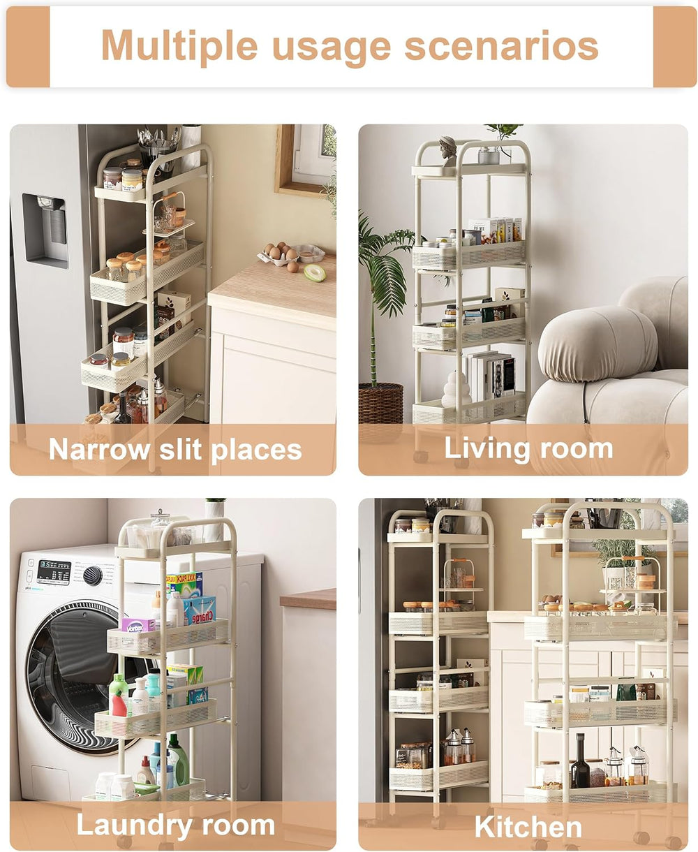 UMDONX 4-Tier Narrow Mobile Storage Cart with Pull-Out Baskets | The Multifun...