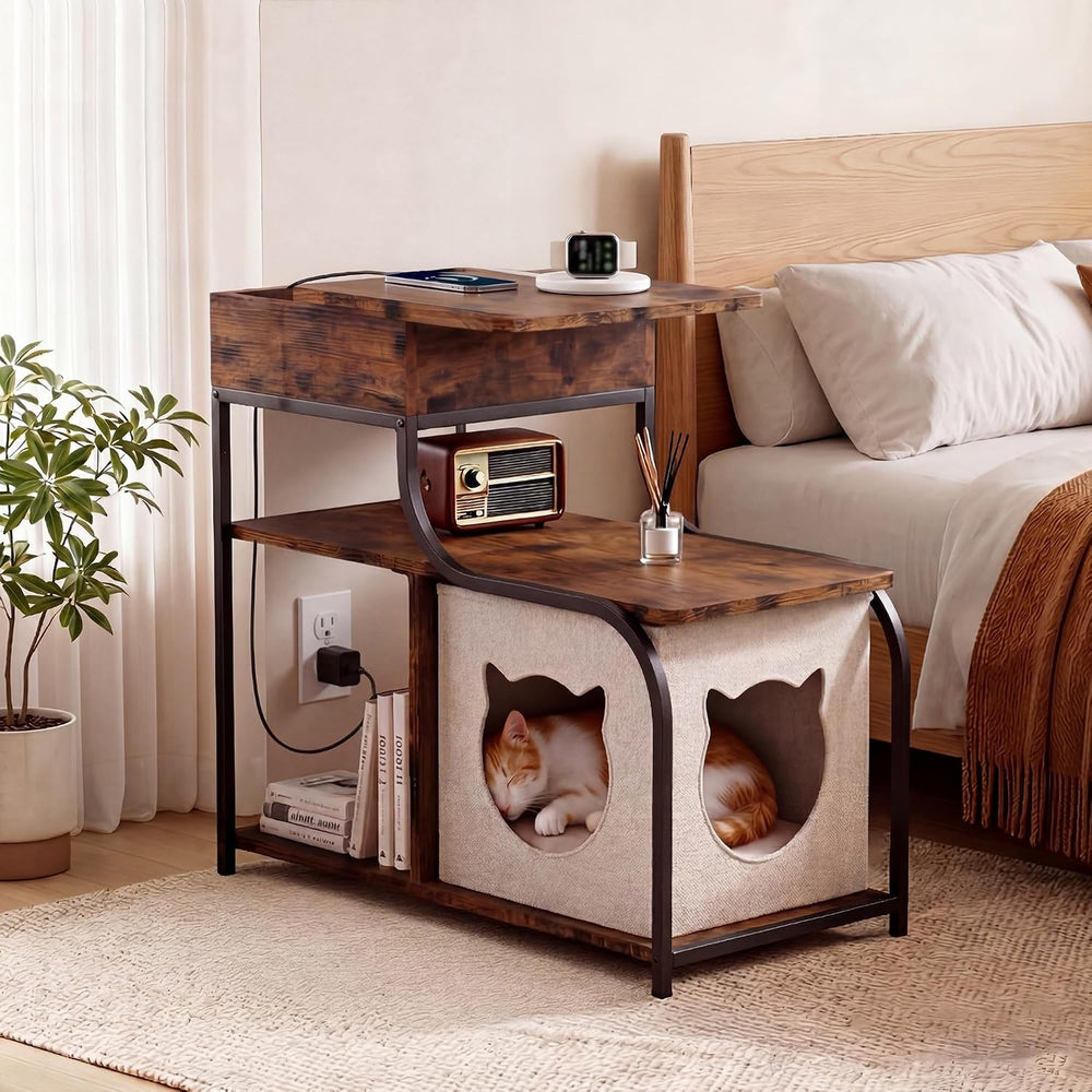 End Table with Charging Station, 3-Tier Sofa Side Table Sliding Top for Livin...