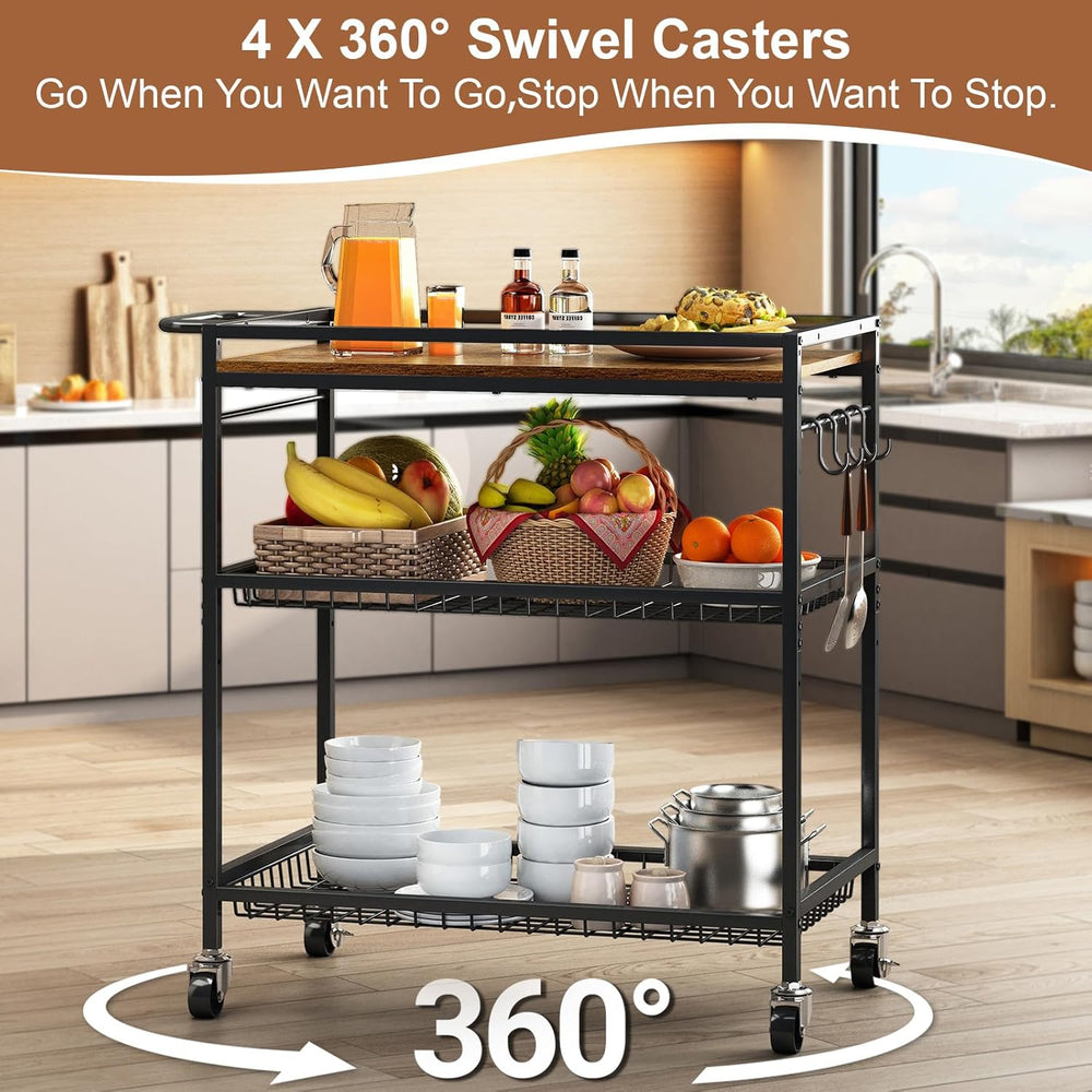 3 Tier Heavy Duty Rolling Kitchen Cart with Handle & Locking Wheels – Met...