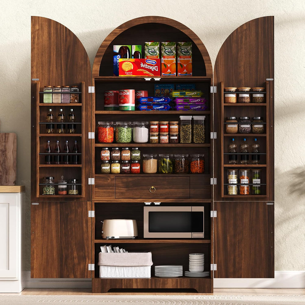 72" Tall Arched Kitchen Pantry Cabinet with 3 Adjustable Shelves, Fluted...