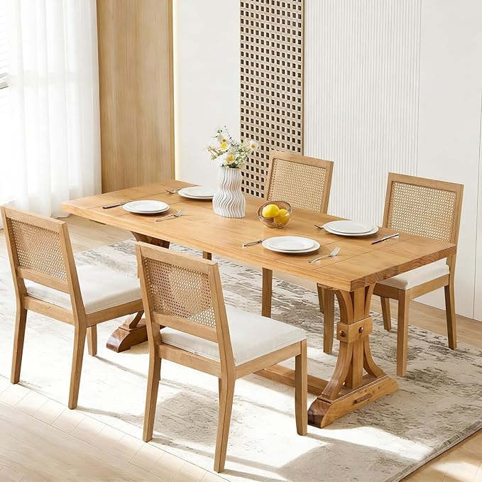 Rattan Dining Chairs Set of 4, French Country Cane Back Upholstered Kitchen C...