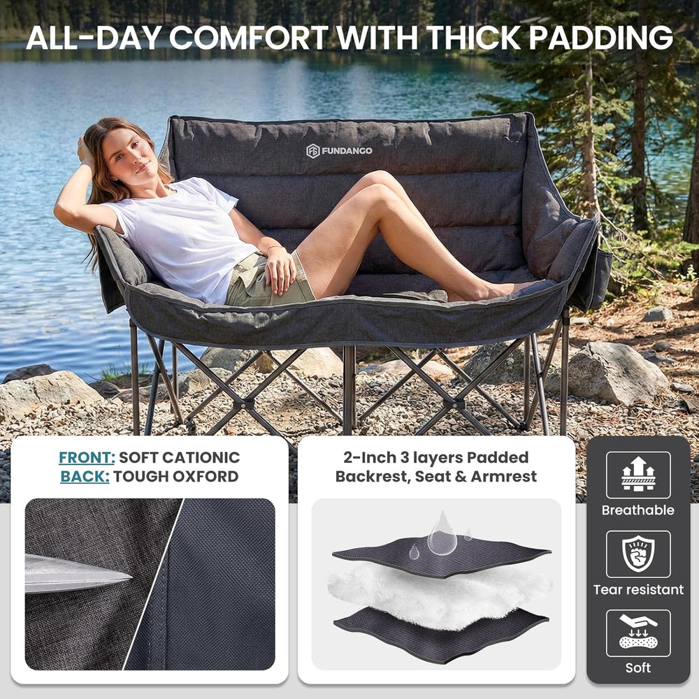 FUNDANGO Double Camping Chair, Oversized Padded Camping Loveseat for Adults, ...