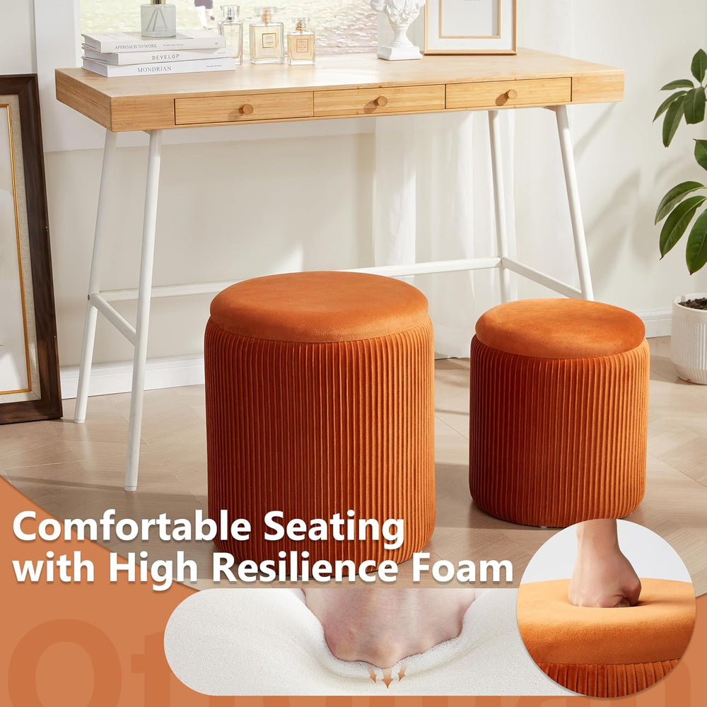 Royal Windsor Round Ottoman with Storage Set of 2, Storage Vanity Stool | Vel...
