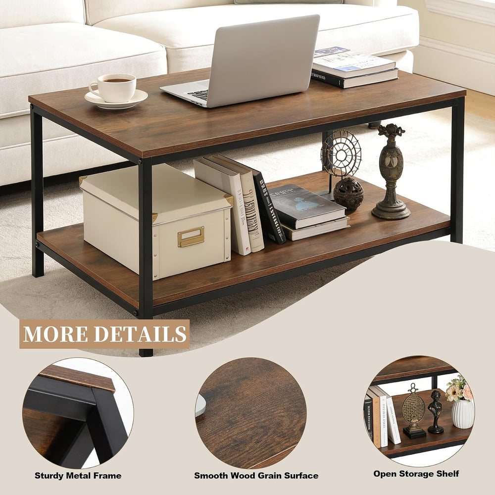 SUPER DEAL 2-Tier Industrial Coffee Table with Storage Shelf for Small Apartm...