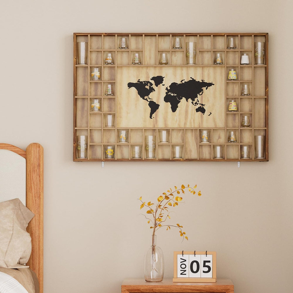 68 Large World Map Shot Glass Display Case Rustic Shot Glass Holder 37x 24.4i...