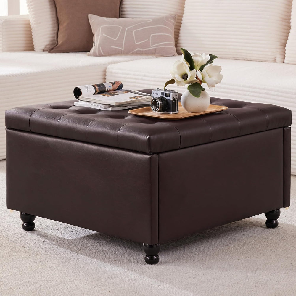30" Large Square Ottoman with Storage, Leather Ottoman Coffee Table, Bro...