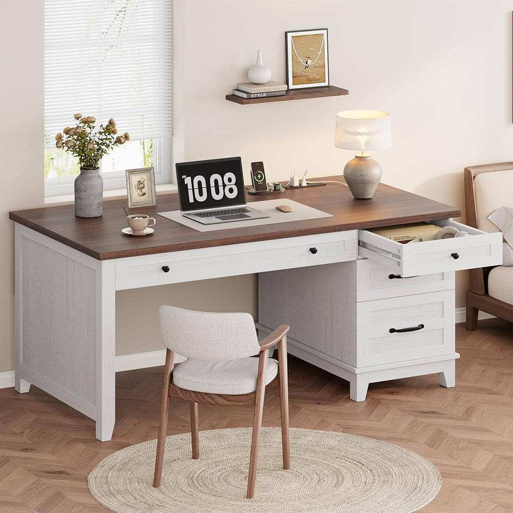 Garvee 53.5" Wooden Home Office Desk with File Drawers, Executive Desk w...
