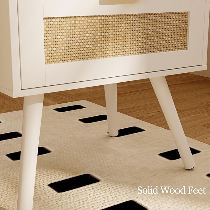 Rattan Nightstand,Farmhouse Bedside Table with 2 Storage Drawer and Open Wood...