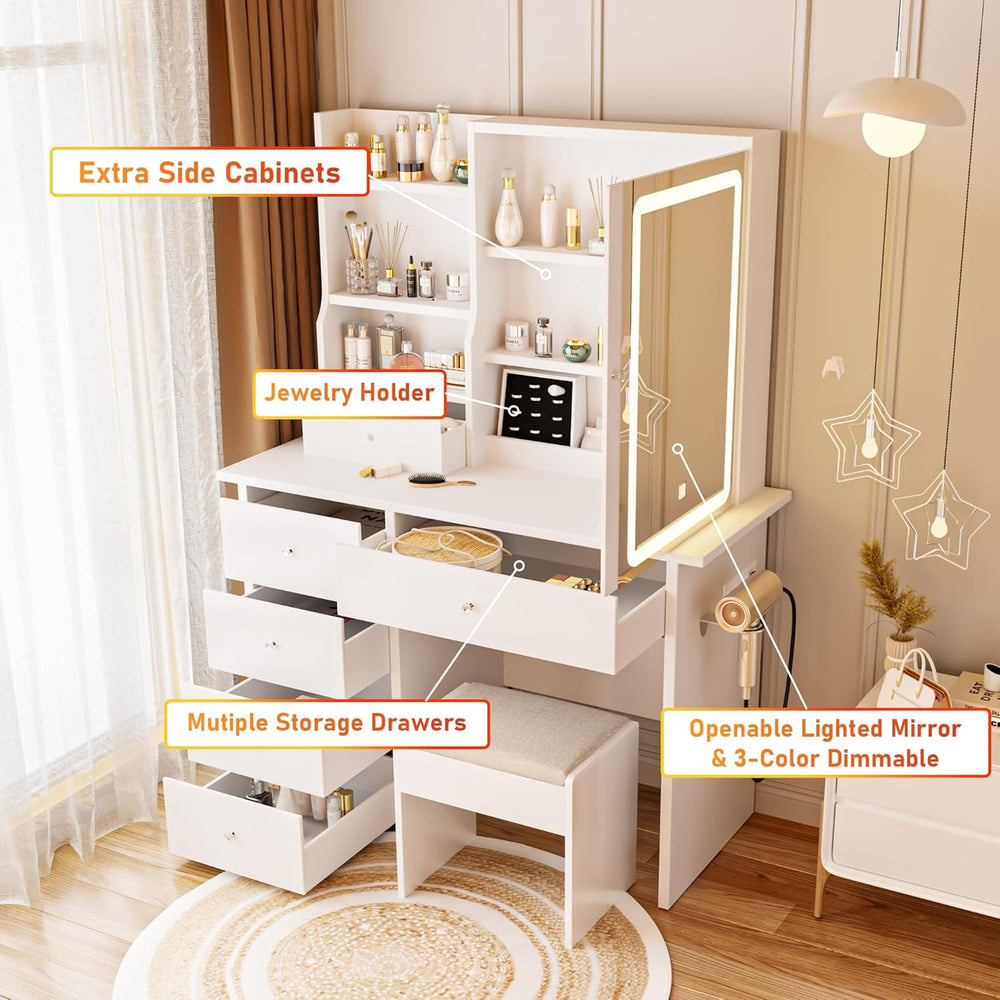 Vanity Desk with Mirror and LED Lights, Makeup Vanity Set with Power Outlet, ...