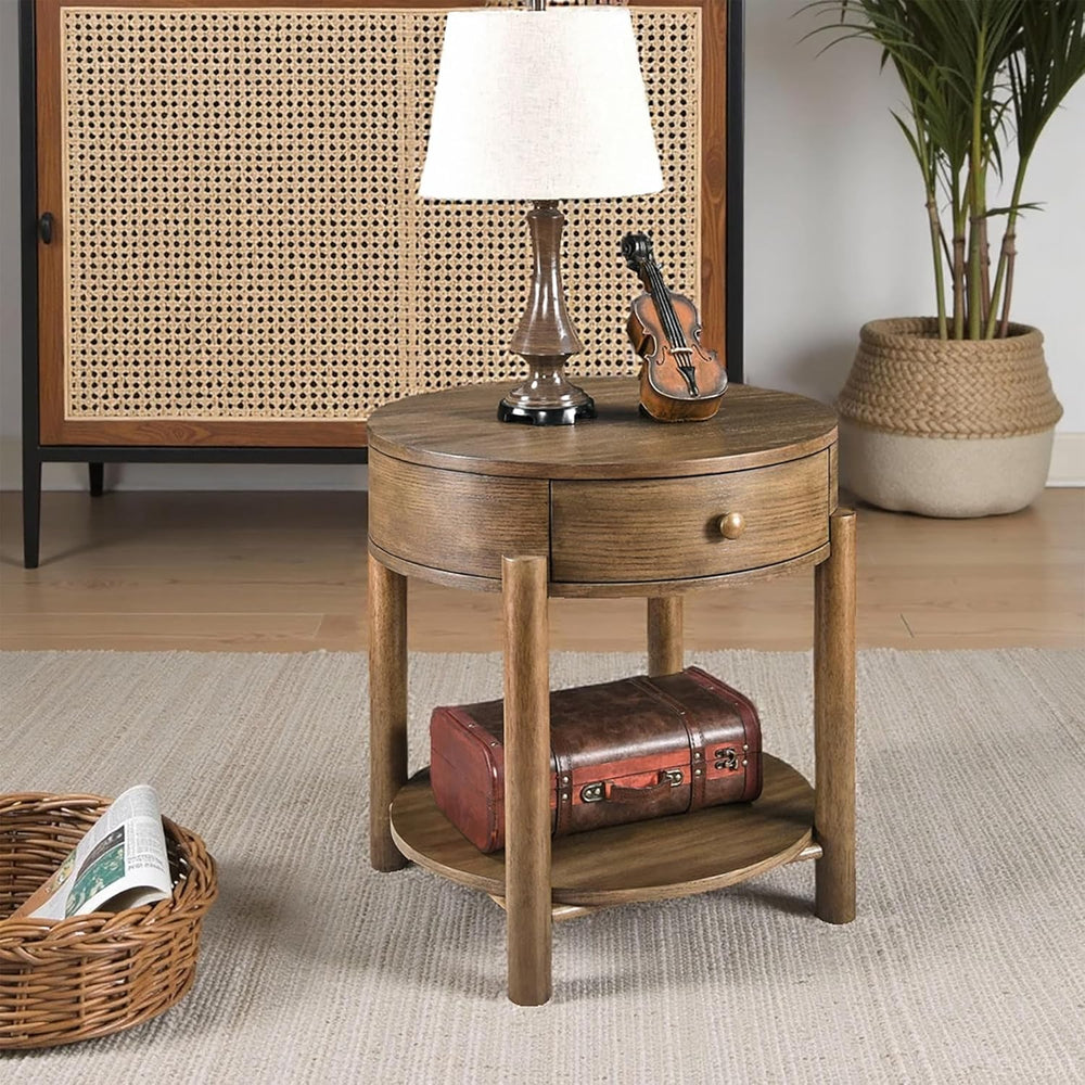 Solid Wood 24" Round End Table with Drawer, 2-Tier Small Sofa Side Table...