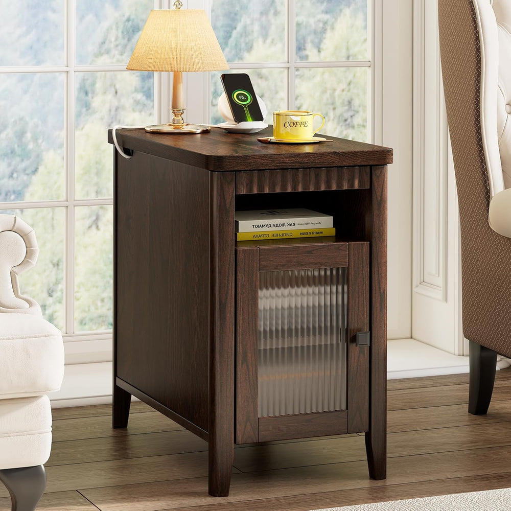 iPormis End Table with Charging Station, Narrow Side Table for Living Room, F...