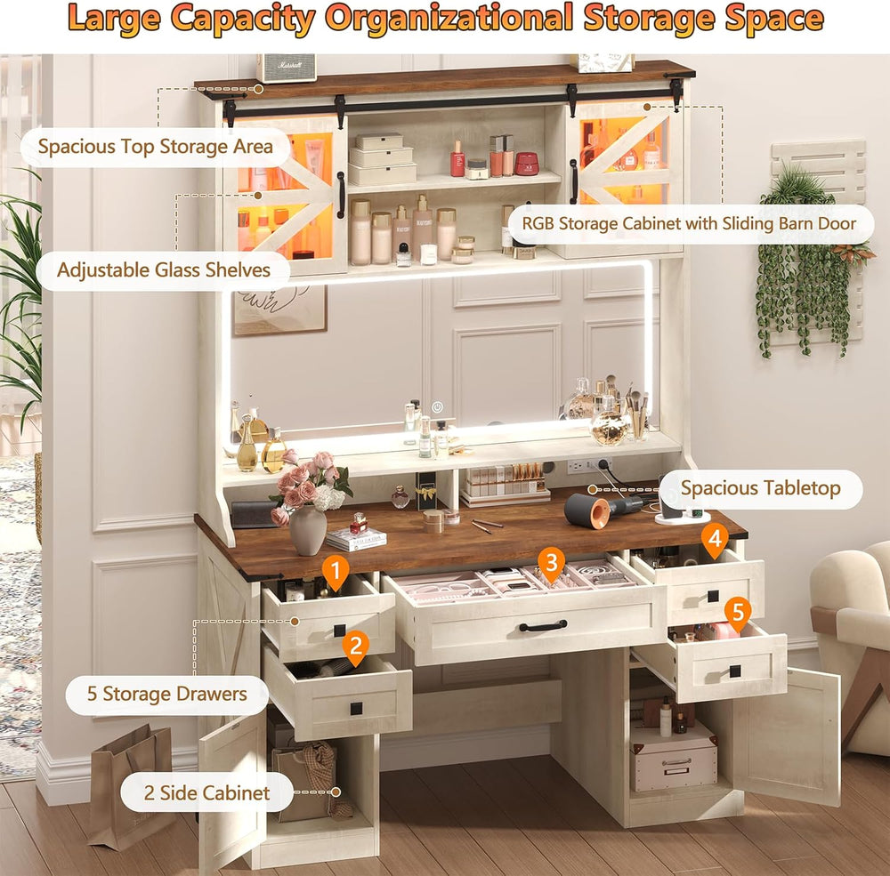 75.2" Farmhouse Makeup Vanity Desk with Large Mirror & Sliding RGB C...