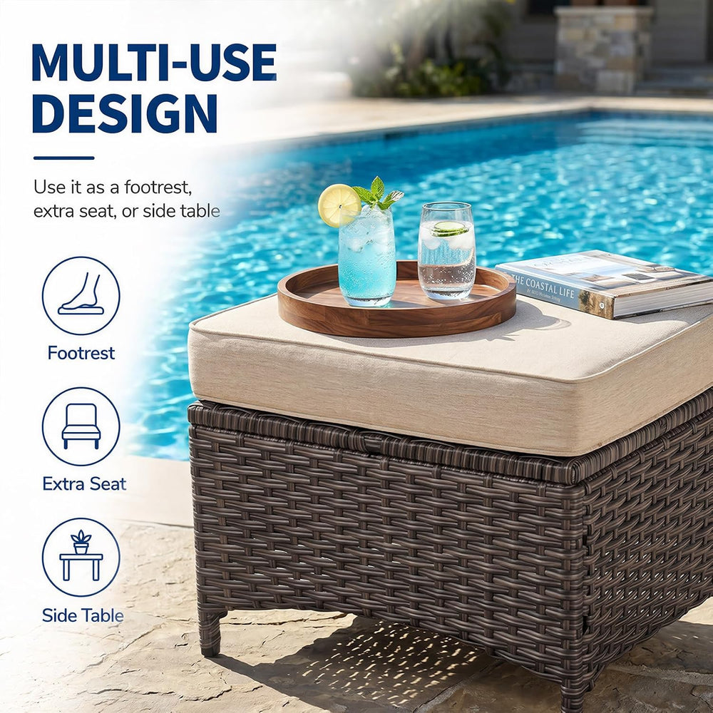 Outdoor Ottoman Set of 2, Rattan Patio Ottoman Footrest Seat with Thickened C...