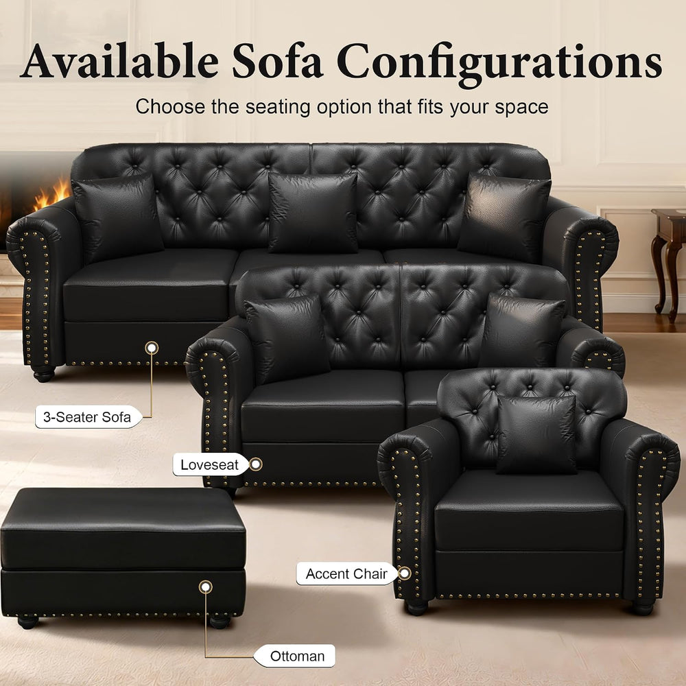 2-Piece Faux Leather Chesterfield Sofa & Loveseat Set with Ottoman, Black