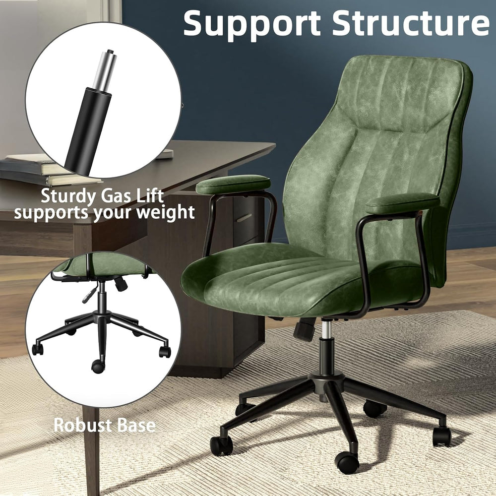 Green Leather Office Chair, Mid Century Home Office Desk Chair | Ergonomic Cu...