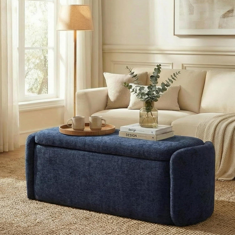VKNOW Storage Bench, Upholstered Storage Ottoman Bench with Hinge, Navy | Ott...