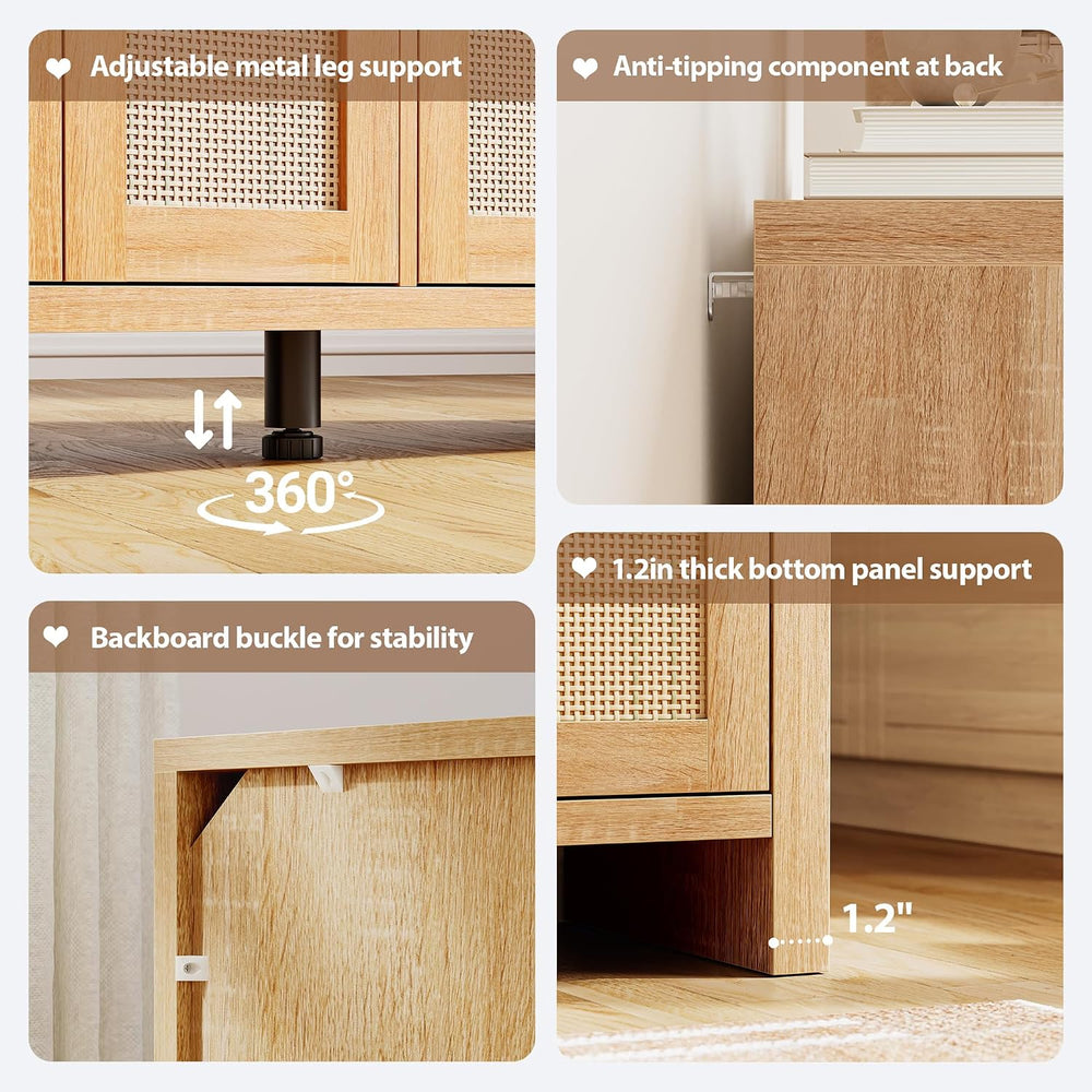 Rattan Buffet Cabinet with Storage, Sideboard Cabinet with Doors and Adjustab...