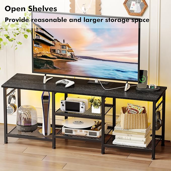 YGEOMER Black TV Stand Entertainment Center for 55 Inch TVs, with Charging St...