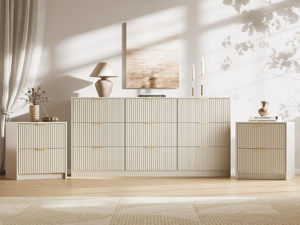 Beige 3-Piece Bedroom Set, 9-Drawer Dresser & 2-Drawer Nightstands
