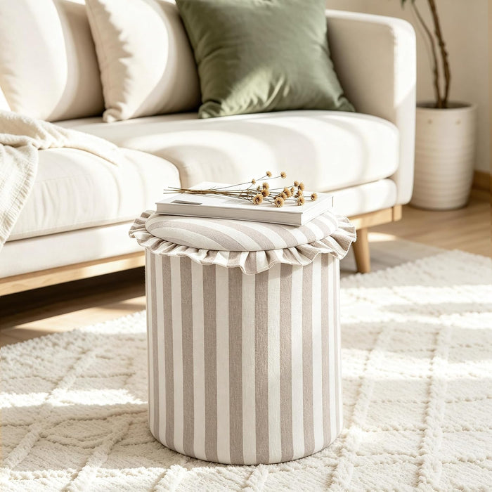 GLAXYFUR Round Striped Ottoman with Storage, Foot Rest Stool, Beige
