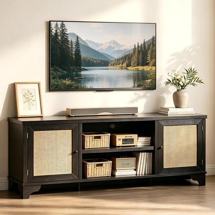 GarveeHome Rattan TV Stand for Living Room, Boho Entertainment Center for 55, 65 in TV, TV Console Cabinet with Storage Shelf, Black