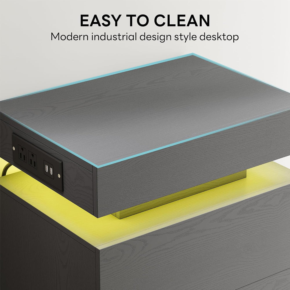 LIKIMIO Nightstand with Charging Station LED Light and 2 Drawers Grey | charg...