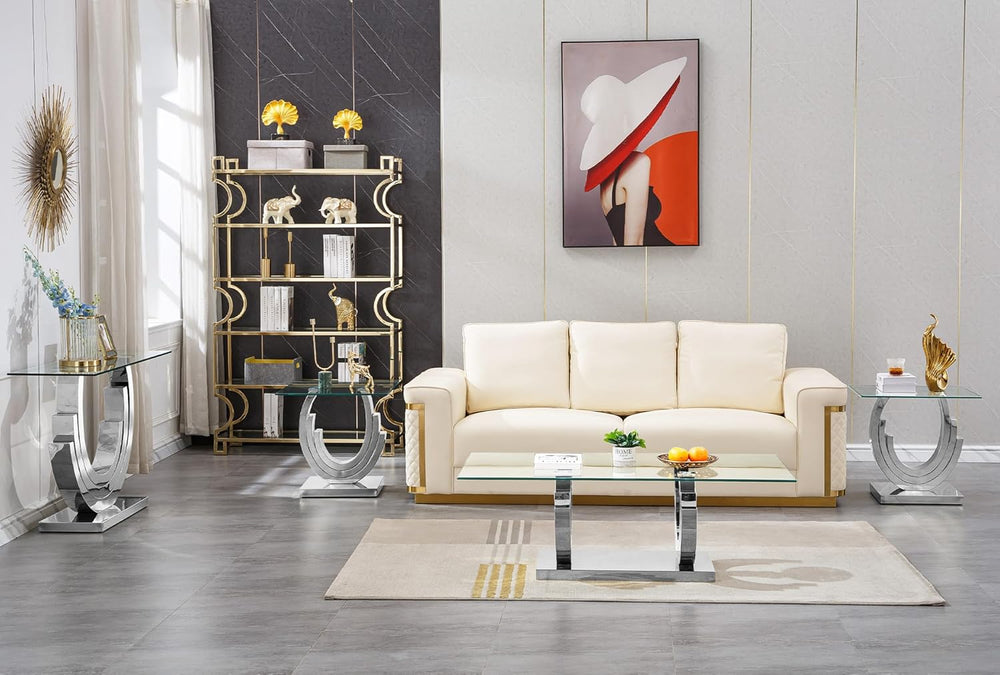 Luxury Glass End Table, 22.8" Sofa Side Table with Silver Ring-Shape Sta...