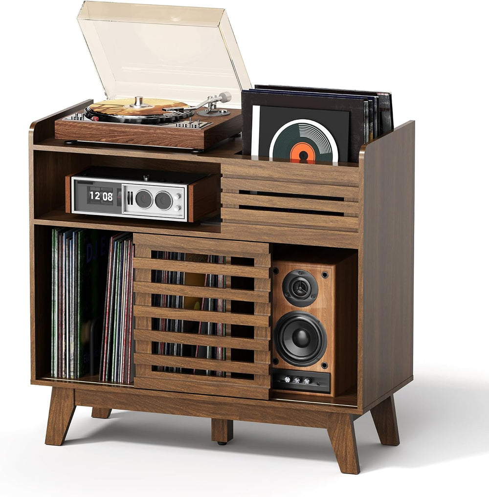 Large Record Player Stand with Charging Station, Mid Century Modern Record Pl...