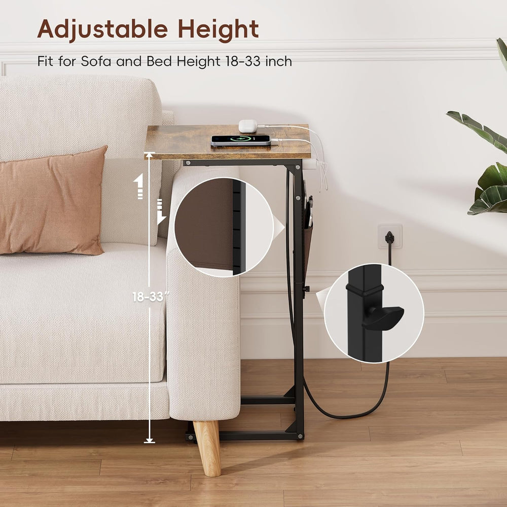 Vagusicc C Shaped End Table with Charging Station, Adjustable Height Side Tab...
