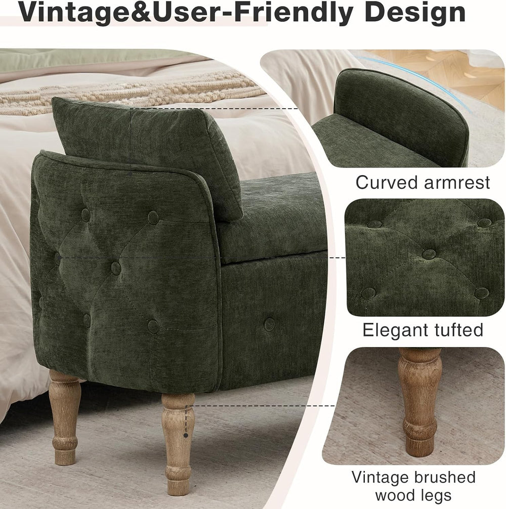 67"End of Bed Storage Bench King Size,Upholstered Bedroom Bench,Green | ...