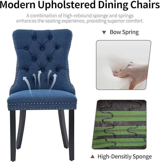 Blue Dining Chairs Set of 2, Upholstered Tufted Linen Fabric Dining Room Chai...