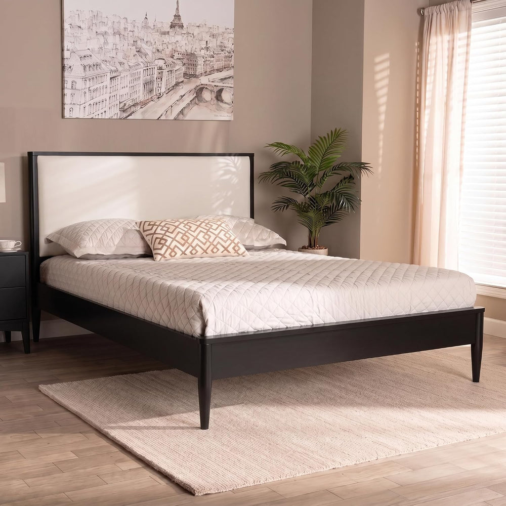 Mid-Century Modern Bed with Boucle Upholstered Headboard,Black:Queen