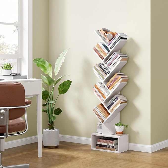 Hoctieon 9 Tier Tree Bookshelf, Tall Bookcase with Drawer, Wood Book Shelf, M...