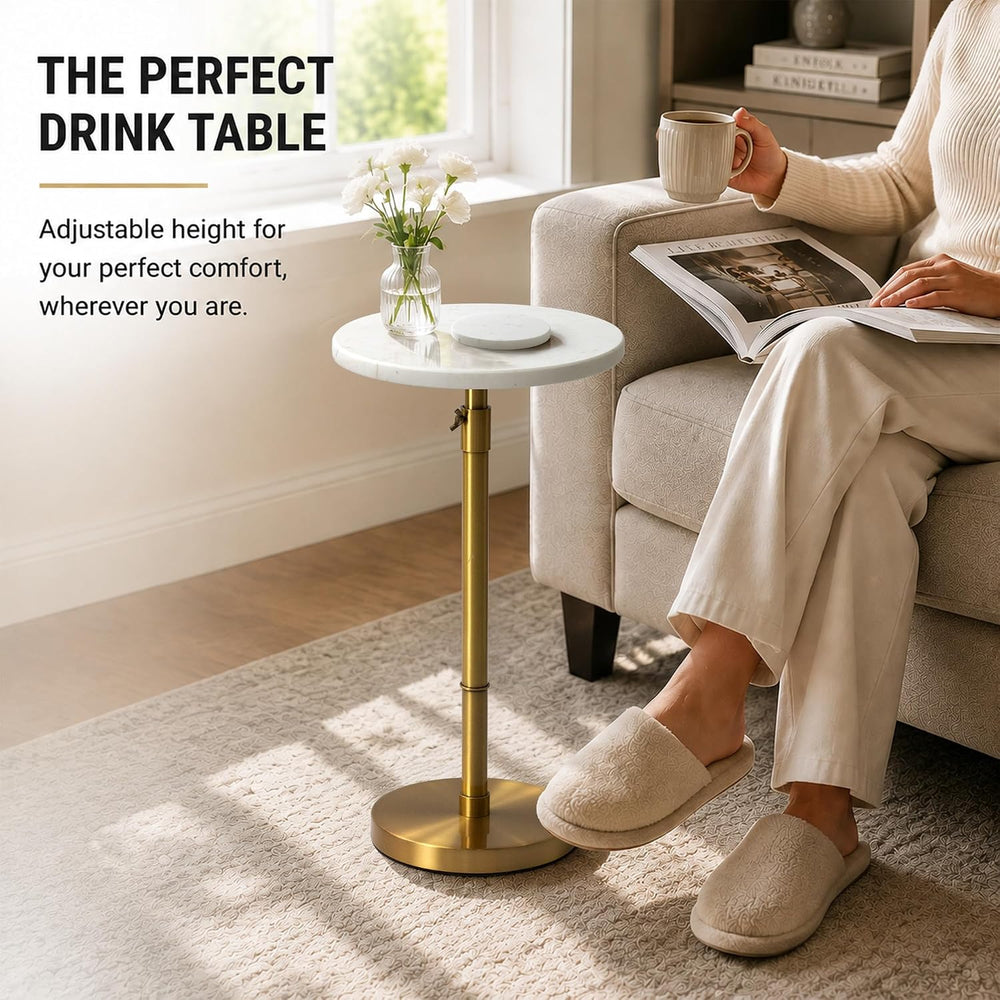 10" Adjustable Marble Drink Table, End Table with 4 Coasters