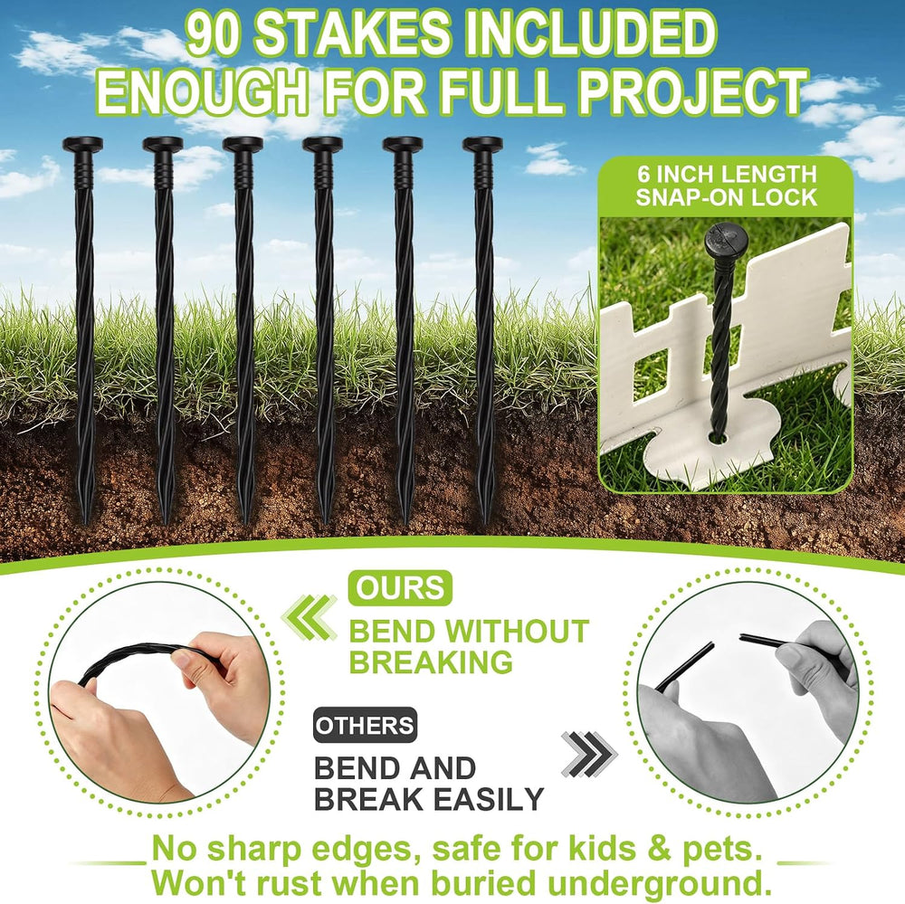 Garden Edging Border, 50ft x 4.5 in White Picket Fence with 90 Stakes