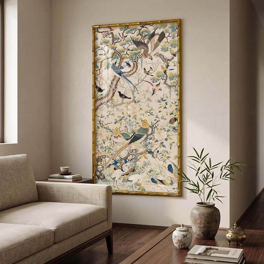 Large Vintage Gold Framed Chinoiserie Wall Art for Living Room, 60x30 Inch
