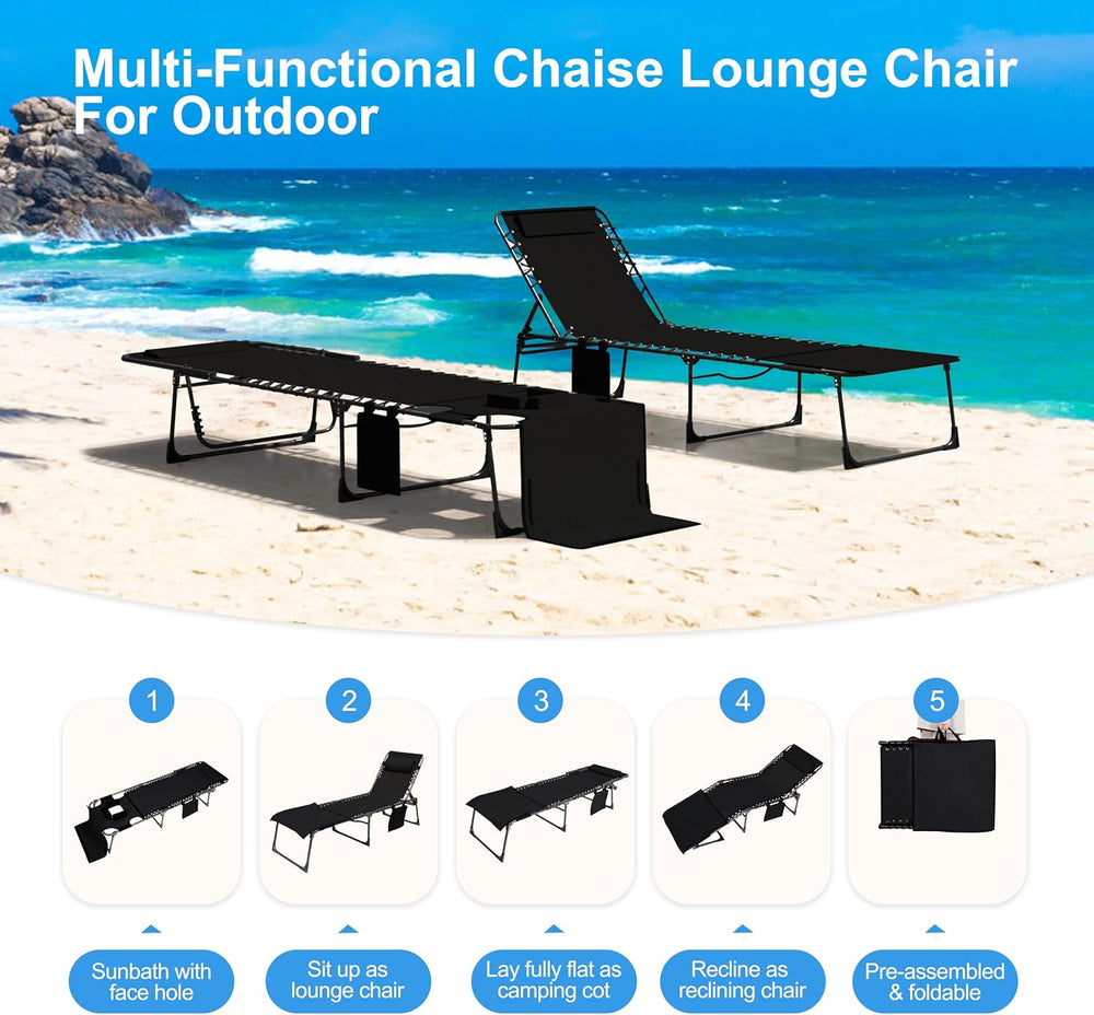 Outdoor Chaise Lounge Chair with Face Hole and Arm Hole, Tanning Chair with 5...